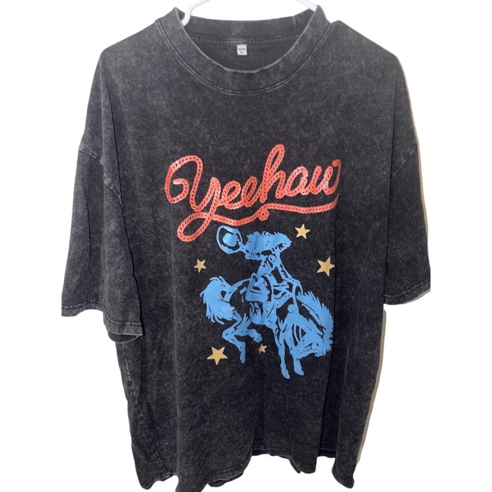Yeehaw Cowboy Bronco Graphic T-Shirt Acid Wash Grey Western Rodeo Tee XL
